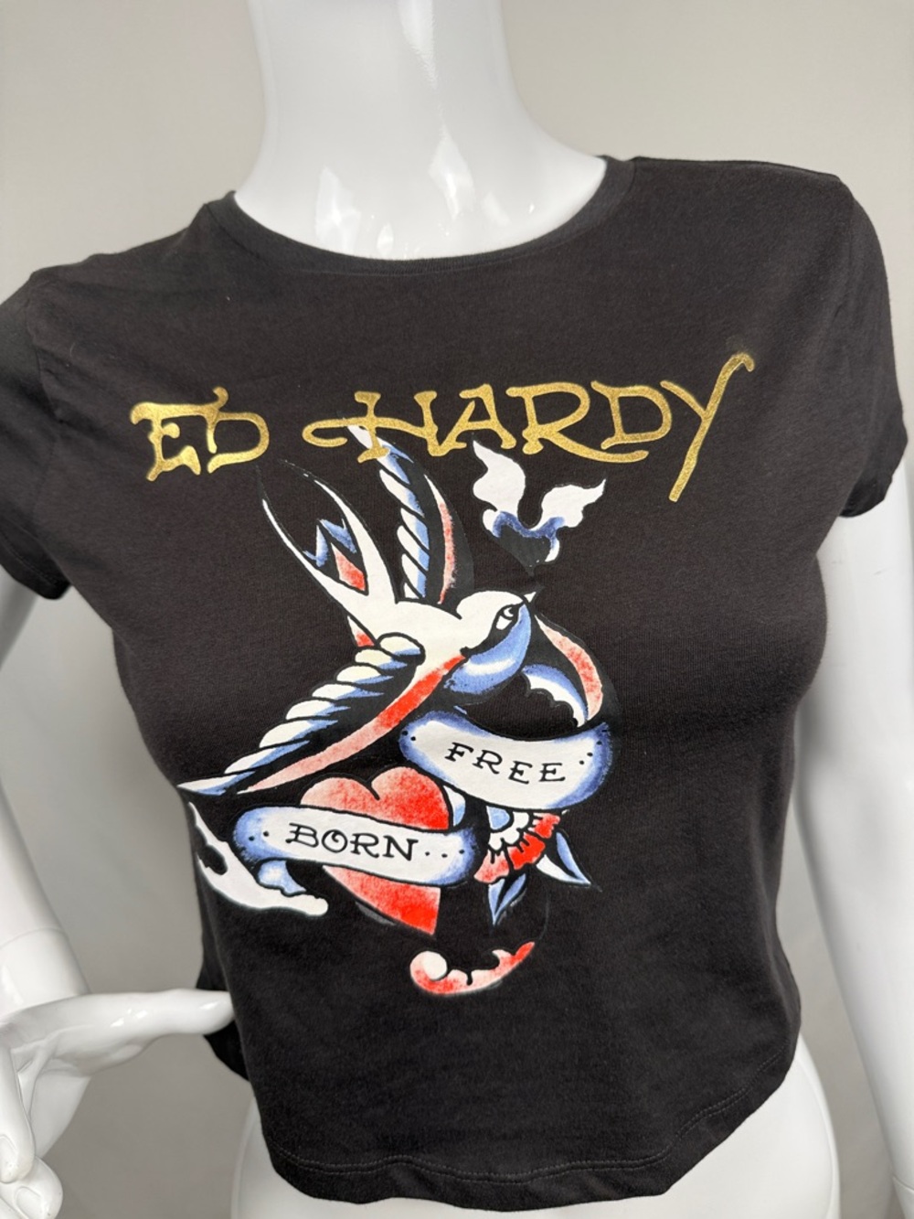 Ed Hardy Black Tee with Gold Logo and Red, Blue Tattoo Graphic